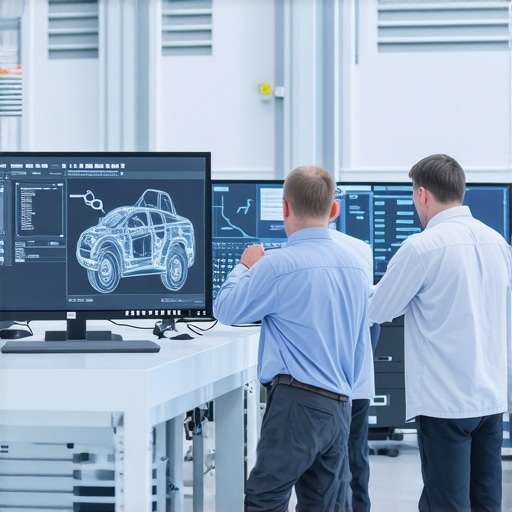 Engineers working on digital twin vehicle models in a modern diagnostic lab.