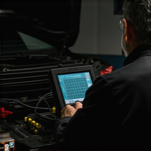 Automotive technician using oscilloscope to analyze vehicle ECU signals