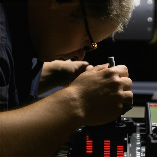 Technician calibrating vehicle sensors with specialized tools.