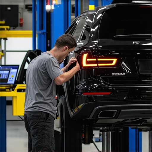 Mechanic operating advanced diagnostic devices in a modern auto repair bay, emphasizing AI integration.