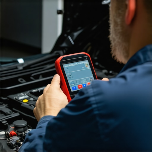Technician using digital diagnostic tools to assess brake system health.