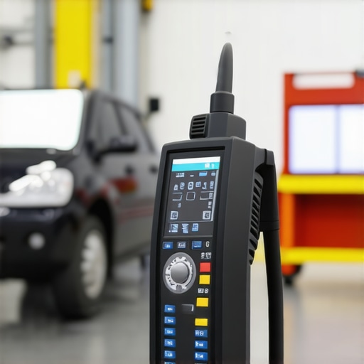 Technician using laser device to analyze brake vibrations during vehicle inspection.