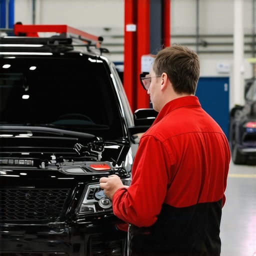 Automotive technician using high-tech diagnostic equipment in a modern repair shop