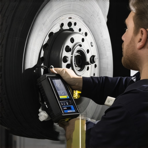 Mechanic using digital equipment to analyze brake system components.