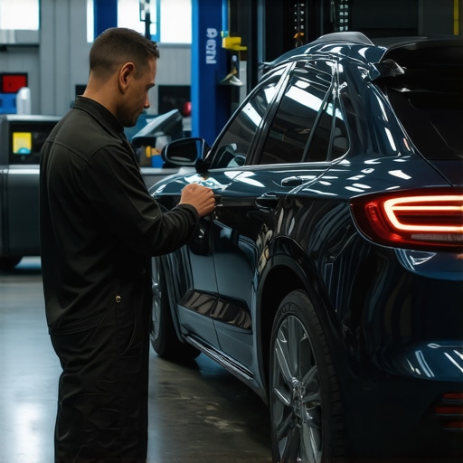 Mechanic working with high-tech diagnostic scanner in a modern repair bay