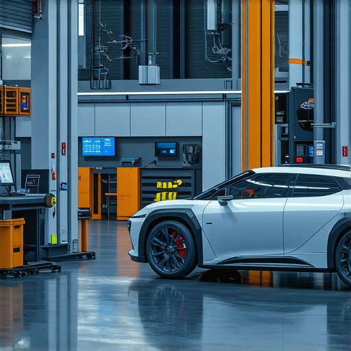 Futuristic garage featuring AI-based diagnostic tools and lightweight vehicle parts