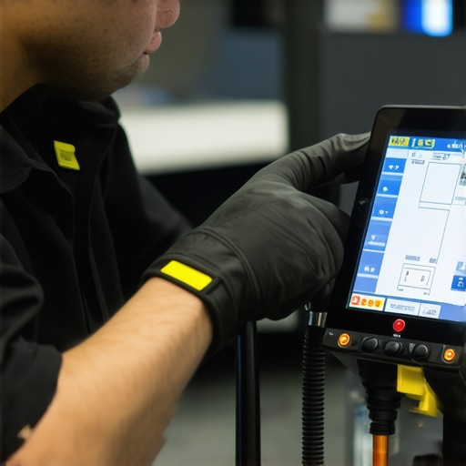 Tech uses digital tools for piston calibration during brake service.