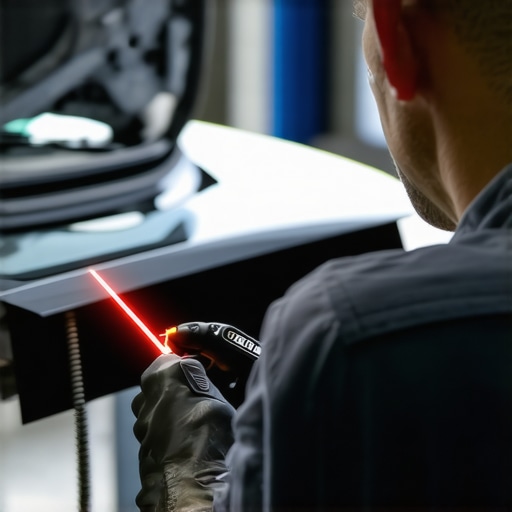 Mechanic using laser calibration tool on car sensors in a workshop.