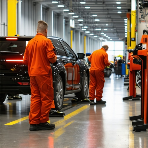 Technicians operating advanced diagnostic tools with modern vehicle repair equipment.