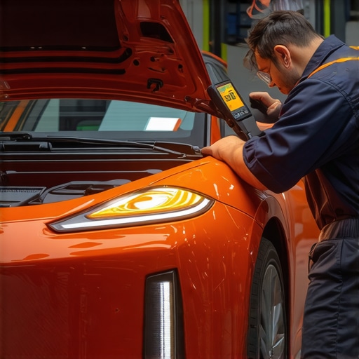 Technician analyzing thermal image showing hotspots in electric vehicle engine bay.