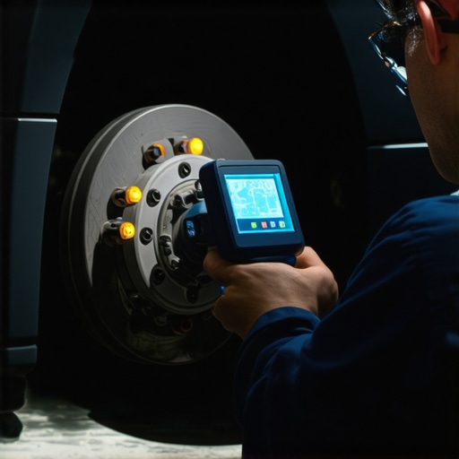 Mechanic using thermal camera to detect rotor hotspots during brake inspection