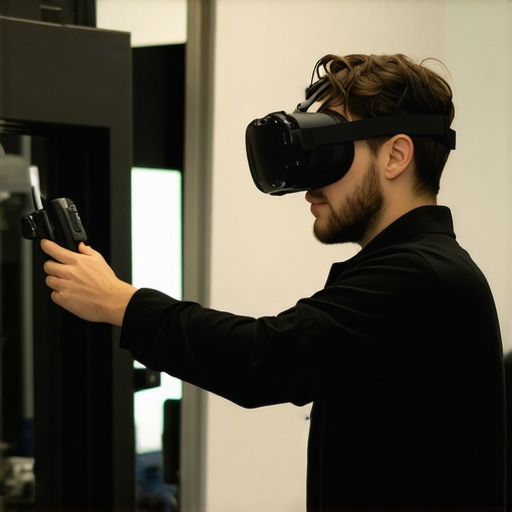 Technician wearing VR headset learning brake diagnostics via virtual simulation
