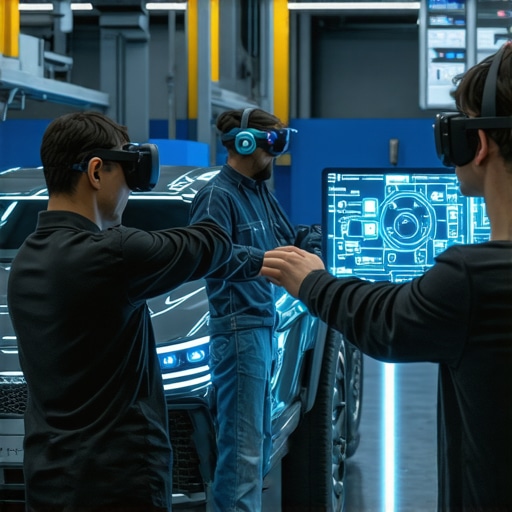 Technicians using augmented reality headsets to perform complex vehicle repairs in a modern workshop.