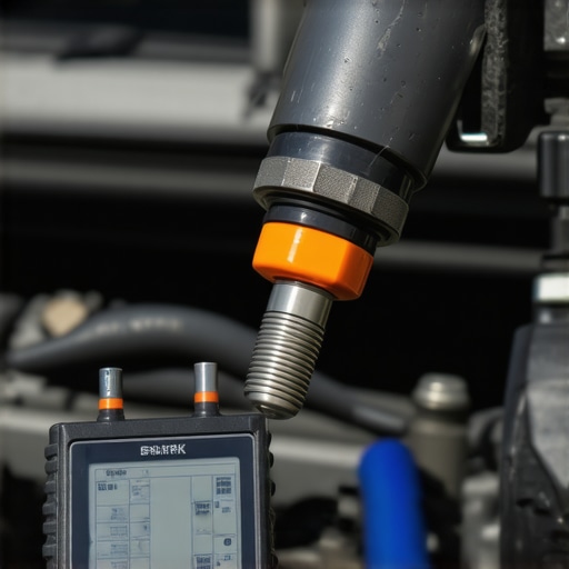 Professional technician using high-tech diagnostic tools on engine during spark plug service