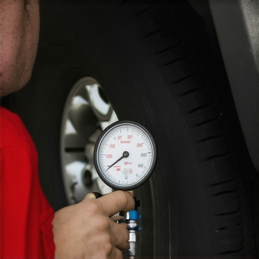 Technician performing hydraulic pressure test on vehicle's brake system with gauges.