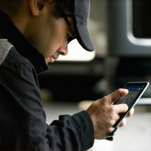 Technician using diagnostic tablet on car engine