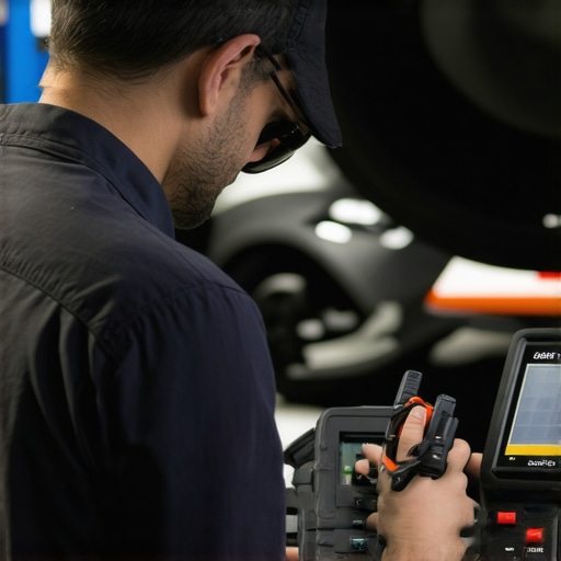 Technician calibrating electronic car brakes with specialized tools