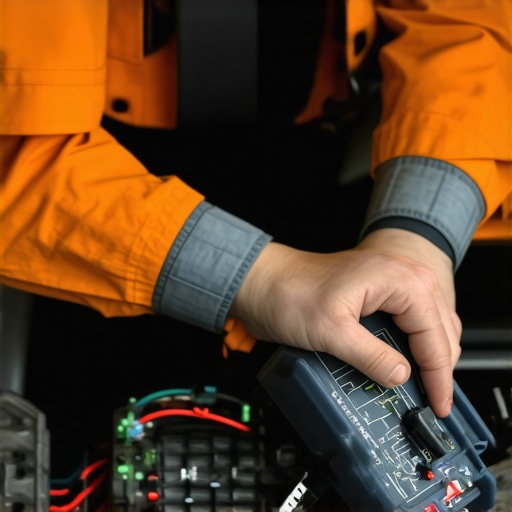Technician analyzing waveform signals from engine sensors with oscilloscope during cold start diagnostics