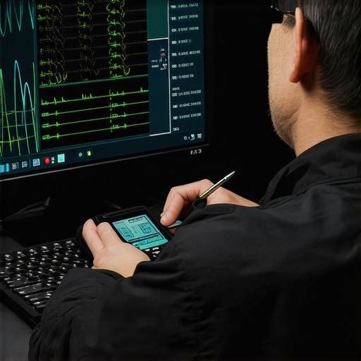 Technician analyzing ignition signals with oscilloscope in auto repair shop.
