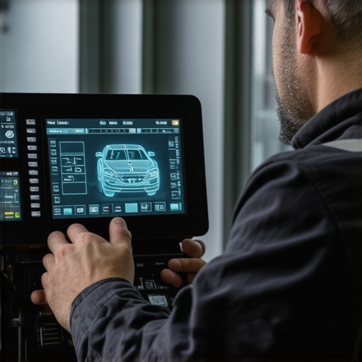 Technician interacting with high-tech diagnostic equipment on a car's dashboard