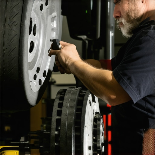 Technician analyzing brake components with electronic diagnostic equipment