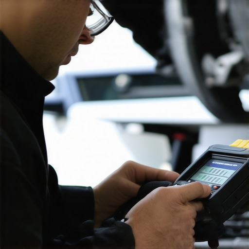 Technician analyzing brake system diagnostics with advanced tools
