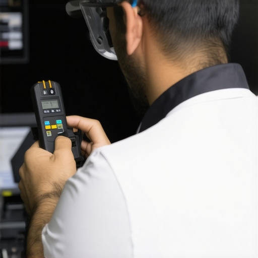 Technician calibrating electronic brake sensors using specialized diagnostic equipment in a modern repair shop.