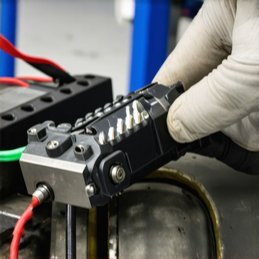 Technician using laser tools for brake caliper calibration during repair