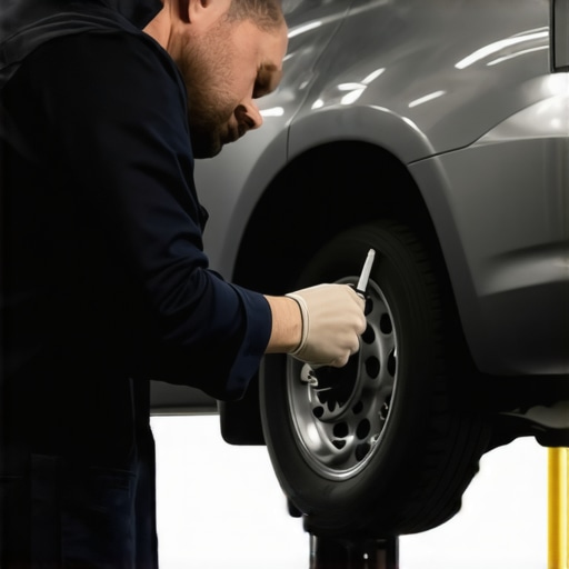 Mechanic performing advanced brake system inspection using electronic diagnostic tools