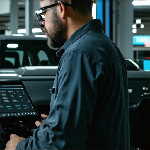 Technician analyzing vehicle data with digital diagnostic equipment