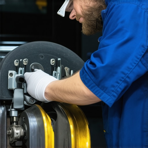 Technician inspecting brake calipers with embedded sensors in a high-tech repair shop.