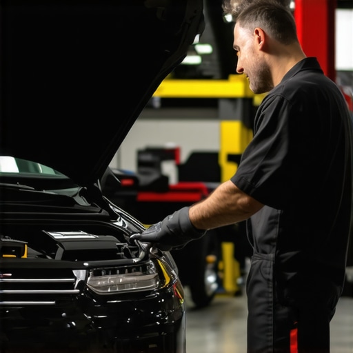 Mechanic performing diagnostics with electronic tools at a contemporary auto repair station.