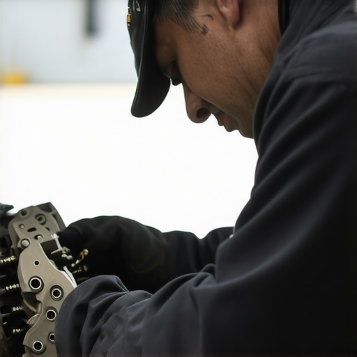 Technician using diagnostic equipment to examine brake components on a vehicle.
