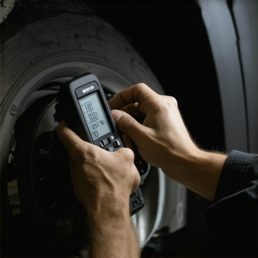 Mechanic using digital caliper to measure brake caliper for optimal performance
