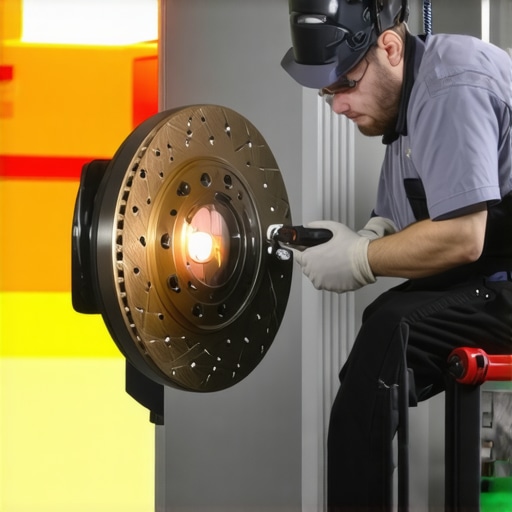 Technician performing laser alignment and thermographic inspection on braking components.