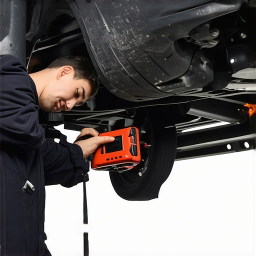 Mechanic performing laser-based suspension alignment to diagnose steering issues.