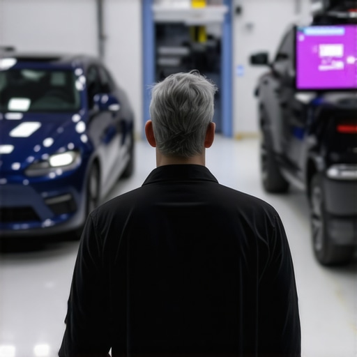Technicians using augmented reality glasses for vehicle diagnostics in a modern garage