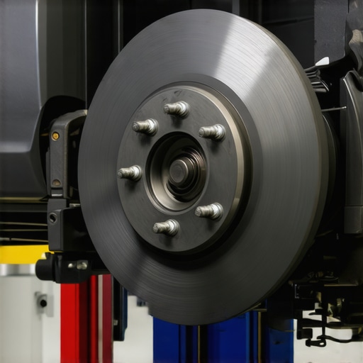 Close-up of ultrasonic testing device examining a vehicle's brake rotor during maintenance