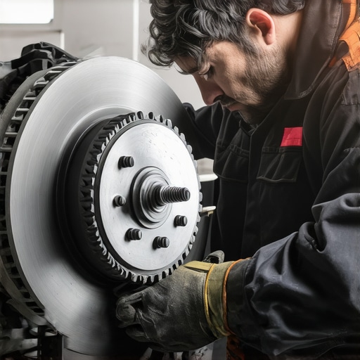 Mechanic measuring brake pad thickness with precision gauge during vehicle maintenance