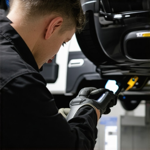 Technicians using advanced diagnostic tools in a modern vehicle maintenance workshop