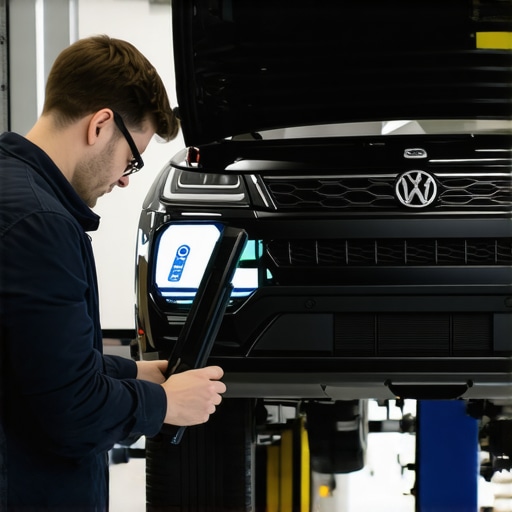 Technician performing digital sensor calibration on a vehicle to ensure steering accuracy.