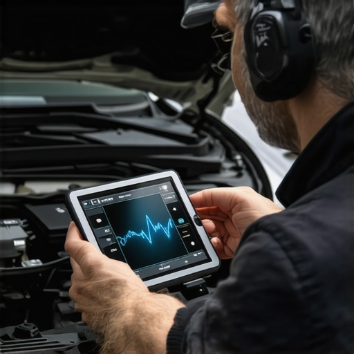 Mechanic analyzing fuel trim data and sensor waveforms using professional diagnostic tools.