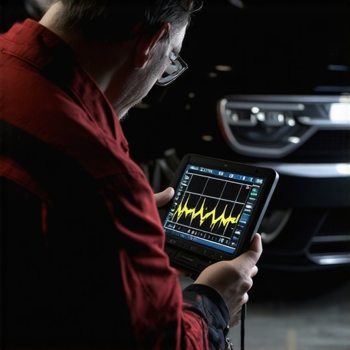 Close-up of a technician using an oscilloscope to diagnose CAN bus communication errors in a vehicle.