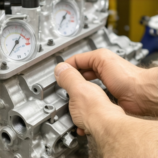 Technician performing a vacuum leak test on a transmission valve body to identify hydraulic pressure loss.