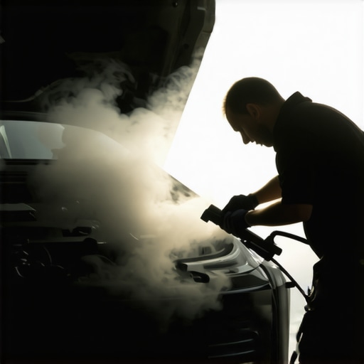 Mechanic using a smoke machine to find air leaks in a vehicle engine