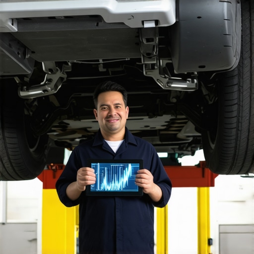 Technician checking volumetric efficiency data on a tablet to diagnose exhaust backpressure
