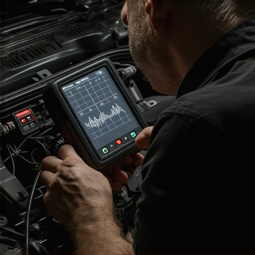 Mechanic using oscilloscope for electrical diagnostics on a car engine