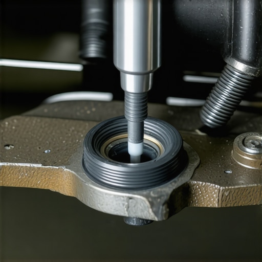 A mechanic lubricating a brake caliper slide pin to ensure smooth movement and prevent vibrations.