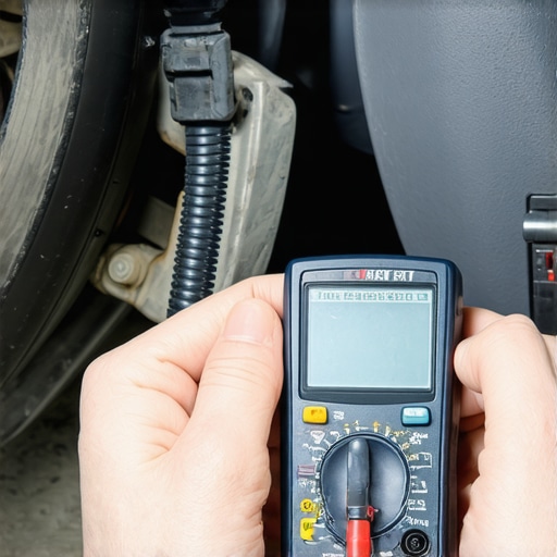 Automotive Voltage Drop Test on Ground Strap Measuring voltage drop across a car engine ground strap using a digital multimeter