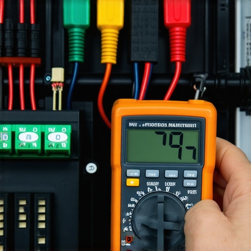 Back probing vehicle relay box with multimeter Mechanic using a digital multimeter to test starter relay voltage under the car hood